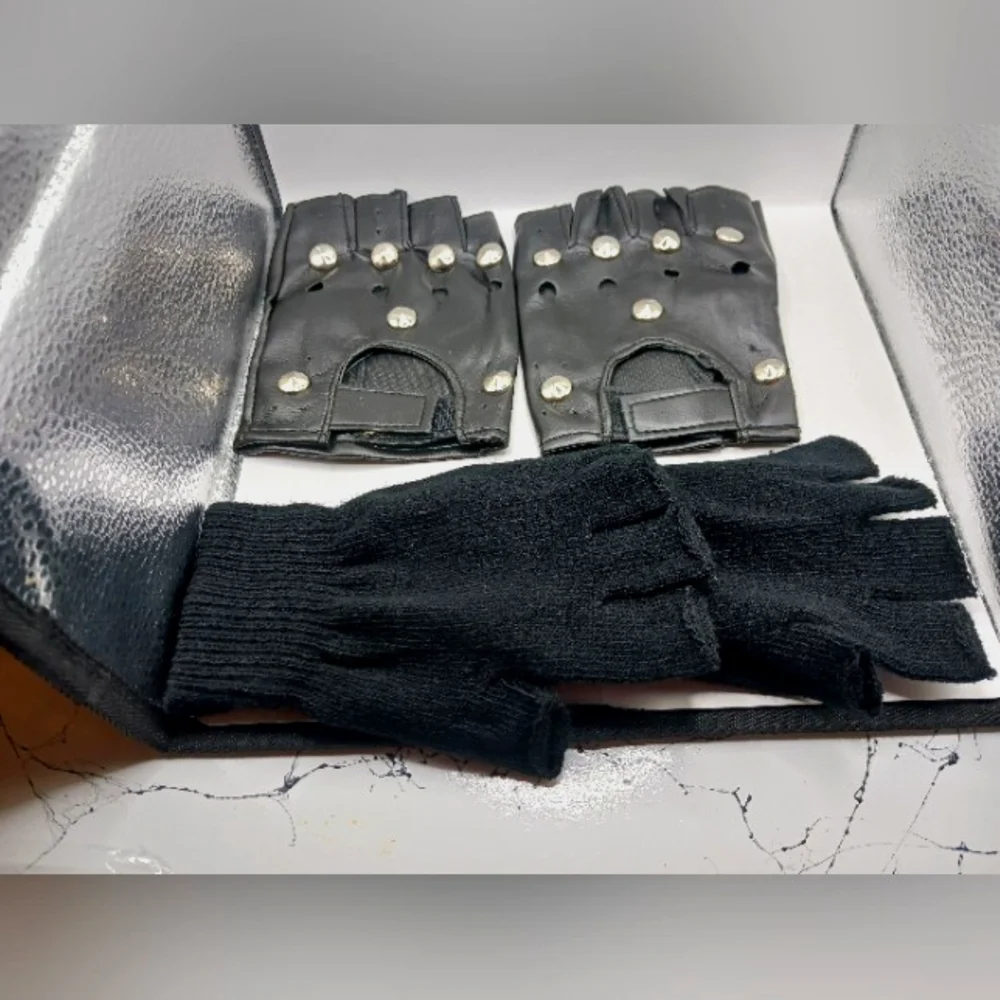 Black Faux Leather Studded + Black Cotton Fingerless Gloves Unisex -New